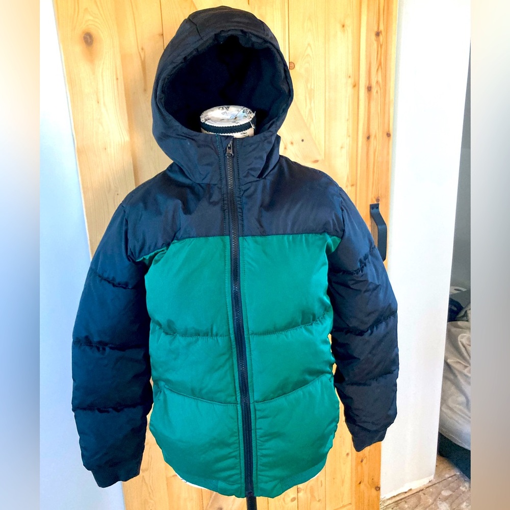 Kids Old Navy Puffer fleece lined winter jacket XL 14-16 EUC green & Navy EUC